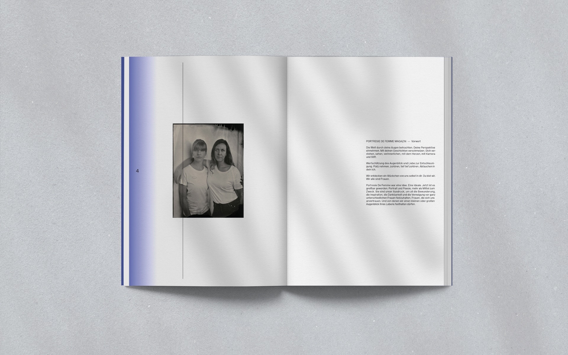 Portresie de femme Magazin, Editorial Design, Magazingestaltung, Doppelseite Vorwort